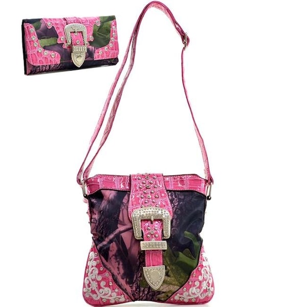Gold Rush MG22WB109SET-PK - CAM Women Bling Rhinestone Buckle Messenger Bag Wallet Set with Croc Trim - Pink & Cam MG22WB109SET-PK/CAM - main